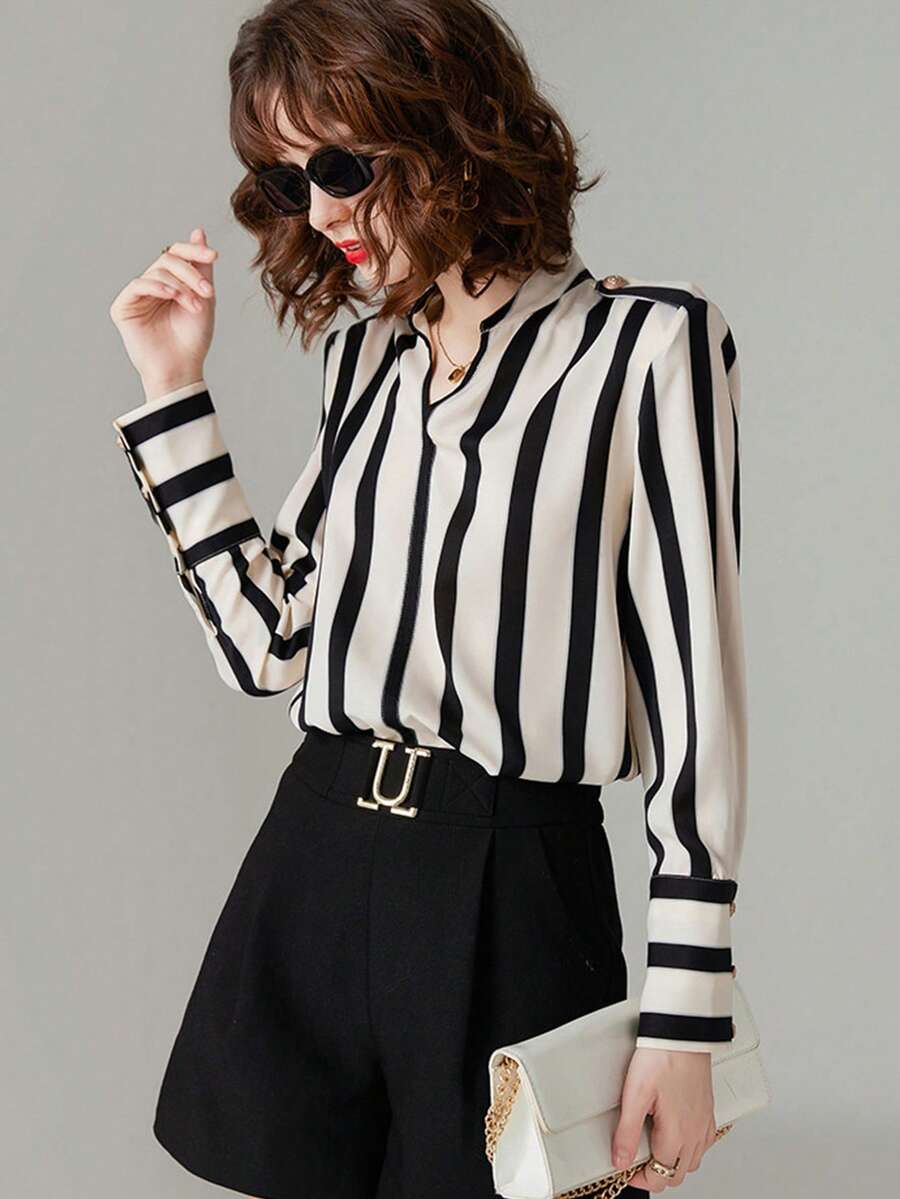 夏季女装初秋竖条纹女衬衫小立领V领长袖衫时尚优雅法式女装通勤上衣 - 黑與白 - 查看 1