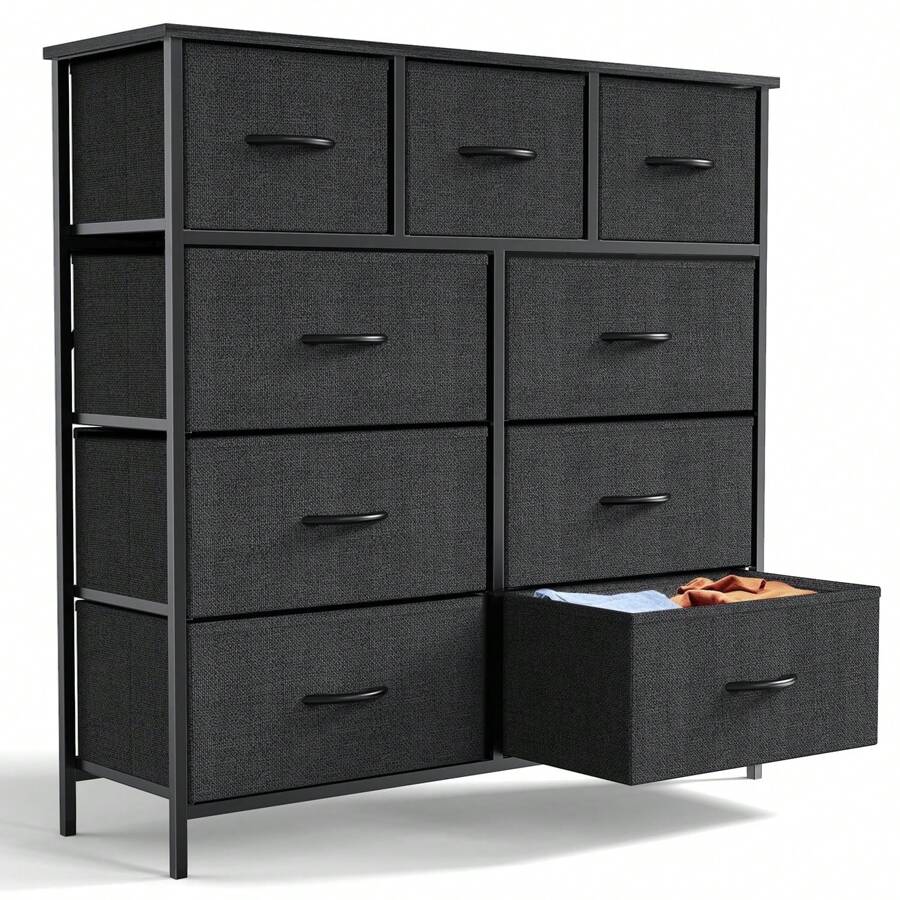 9 Drawer Fabric Dresser For Bedroom, Chest Of Drawer Organizer Storage Cabinet For Closet, Entryway, Black