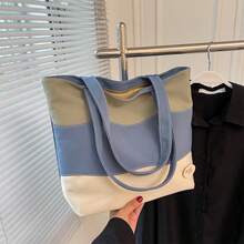 Large Capacity Canvas Tote Bag For Women, Contrast Color Patchwork Shoulder Bag For School, Commute - Multicolor - View 3