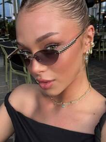 1pc Frameless Cat Eye Fashion Glasses Metal Retro Personalized Versatile High-End Women's Fashion Glasses Suitable For Daily Wear Street Photography Vacation Travel Summer Beach Accessories Women's Accessories Brown Glasses Preppy Style For Back To School Cat Eye Shape Temple Decor