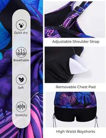 Top de tankini a rayas con estampado y shorts a juego de dos piezas para mujer de talla grande - Rosa Rojo Negro - Ver 6