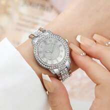 6 Piece Gorgeous,Fashion Jewelry Quartz Deluxe Set Treasure Tray Full Diamond Bracelet Quartz Watch And Cute Rhinestone Necklace, Earrings, Ring, Bracelet Accessory Set Suitable For Daily Wear, Back-To-School Season, Graduation Season, Friendship, Thanksgiving, Couples, The Best Gifts