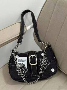 Woman 2025 New Star & Denim Handbag - Shoulder Underarm Bag, Vintage Button Decor, Chain Crossbody Bag
