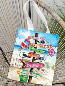 1 件沙滩旗图案帆布手提袋，耐用的购物袋，双面图案购物袋，女士单肩包，送给朋友的度假礼物，返校礼物
