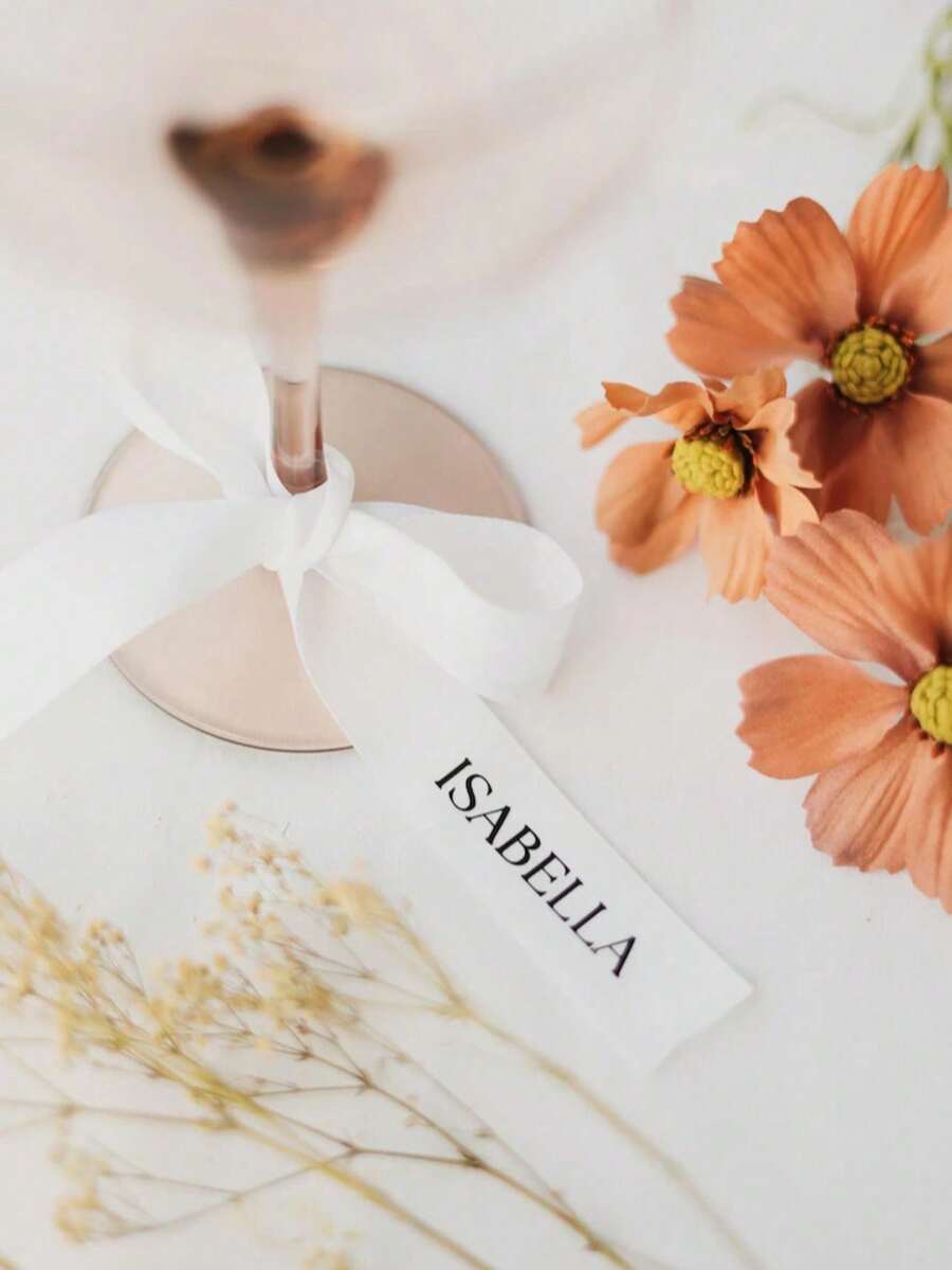 Customizable Satin Ribbon Labels, Printed With Name And Drink Labels For Weddings And Various Events, Tabletop Decoration Bows And Drink Labels, Modern Decorated Tabletop With Printed Ribbon Name, Satin Ribbon Placecards And Drink Tags, Each Ribbon Carefully Printed With The Name Of Your Choice, Creating Personalized Souvenirs For Your Guests