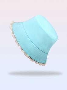 1pc Solid Color Dopamine Lace Patchwork Bucket Hat, Simple Versatile Stylish Fashion Casual Sun Protection Travel Beach Hat