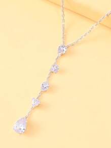 1pc Silver Geometric Crystal Pendant Y-Style Necklace, Decorative Clavicle Chain Jewelry For Women, Summer