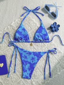 2pcs/Set 2025 Women Floral Print Halter Tie Sexy Bikini Swimsuit