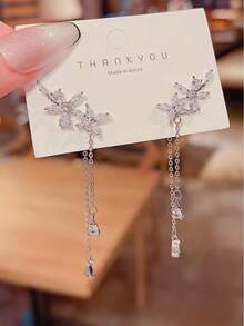 1件装奢华锆石花朵流苏耳环，韩式优雅女士耳环，情人节高端礼物配饰 - 彩色 - 查看 2