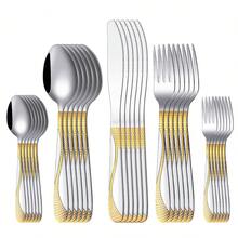 6/24/30 قطعة طقم أدوات مائدة من الفولاذ المقاوم للصدأ - أدوات مائدة فضية ذات مقابض دائرية أنيقة، مناسبة لتجمعات العائلة والمطاعم والتخييم في الهواء الطلق، آمنة للغسل في غسالة الأطباق، لوازم مدرسية - مطلي بالفضة والذهب - مشاهدة 8