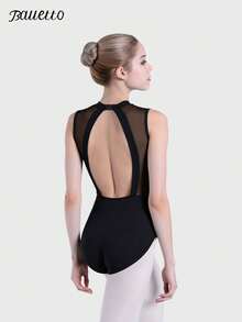 balletto 女式高弹力尼龙芭蕾体操紧身衣，立领大后背网眼拼接舞蹈服装，成人连体健身服，专业表演训练服