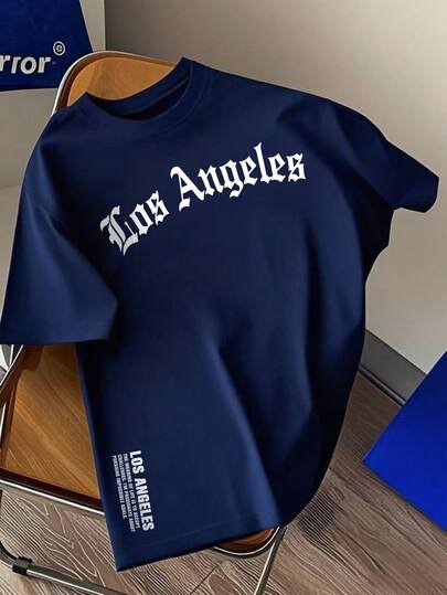 男士个性化洛杉矶口号图案短袖T恤，舒适透气，适合夏季，引领时尚