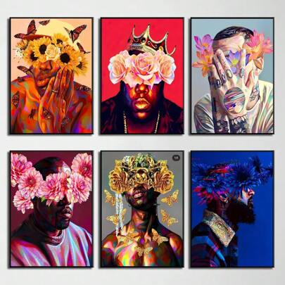 1/6 Pcs Hip Hop Rapper Star With Flowers Poster Coffee House Bar Room Wall Decor,Unframed