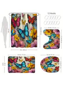 4 Peças Conjunto de Banheiro com Estampa Floral Primaveril de Jardim - Inclui Cortina de Chuveiro Lavável com 12 Ganchos, Tapete Antiderrapante, Tapete de Vaso Sanitário em Formato de U, Tampa de Assento Sanitário e Decoração de Banheiro de Volta às Aulas