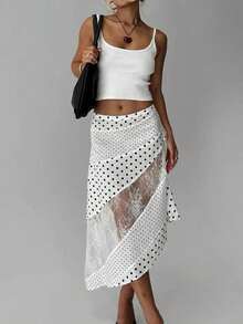 Women's Y2K Lace Patchwork Flowy Midi Skirt Vintage Low Waist Floral/Dots Print Asymmetrical Hem Flowy Long Skirts Summer Fall Beach Vacation Lightweight Aesthetic Skirt - 白色 - 查看 10