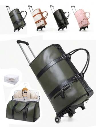 1 Fashionable PU Material Travel Bag With Trolley Wheels, Suit Bag, Three-In-One Luggage Bag Set, Two Pieces Set With Shoe Bag, Convertible Hanging Clothing Bag, Travel Storage Bag, Holiday Weekend Travel Bag, Sports Fitness Bag, Swimming Yoga Bag
