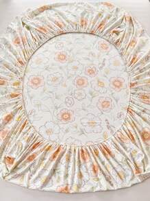 1pc Orange & White Floral Print Fitted Sheet With Deep Pocket, Green Leaf Fresh Farmhouse Style, Hypoallergenic Polyester Fabric, Comfortable & Skin-Friendly, Home & Dorm Bedding Decor