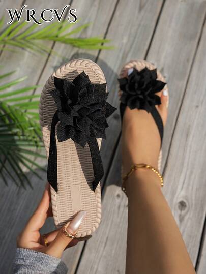 WRCVS 女士黑色人字拖平底凉鞋，舒适轻便休闲拖鞋，透气麻绳底沙滩鞋，波西米亚花朵装饰人字拖凉鞋，泡沫底超轻鞋