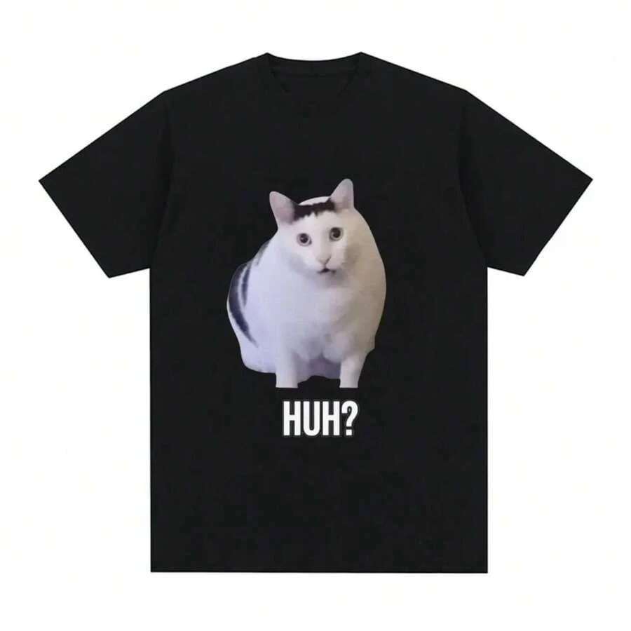 Fashion-FashionCat Saying Huh Funny Meme T-Shirt Men Women 100% Cotton Breathable Short Sleeve Oversized T Shirts Harajuku Tee Shirt 70548 - 黑色 - 查看 1