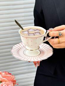 1pc Luxury Polka Dot Coffee Cup And Saucer Set, Classic Striped Polka Dot English Afternoon Tea Cup And Saucer, Ceramic Material, High-Temperature Painting Craft, Nordic Style, Minimalist, Creative, Mug/Coffee Cup/Afternoon Tea Cup - Multicolor - View 4