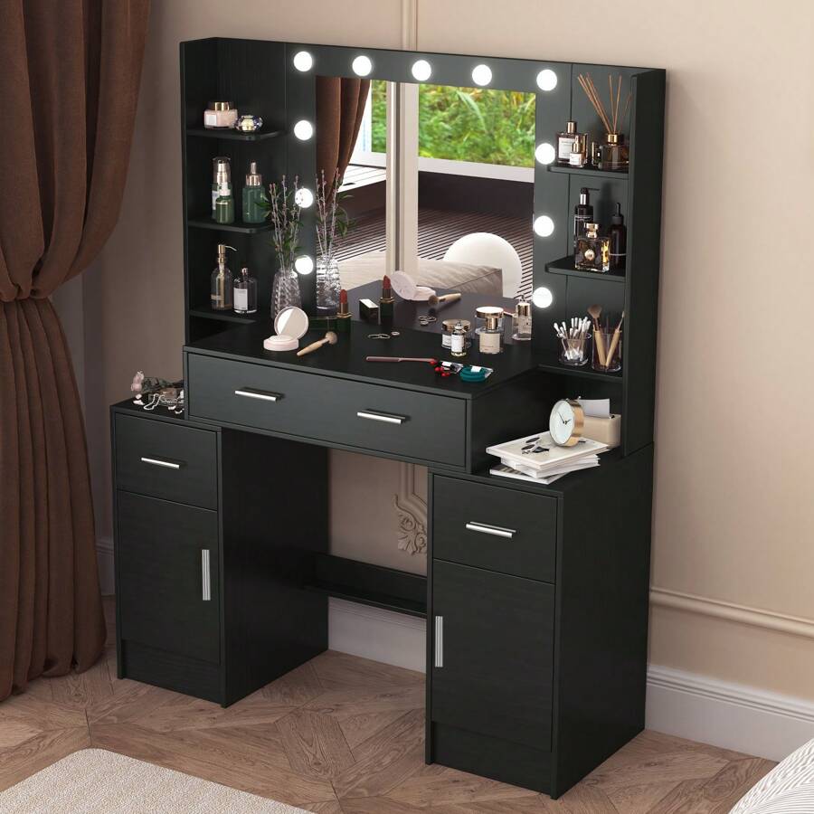 Dressing Table With LED Lights, Mirror, Drawers And Cabinets, Dressing Table Set – Large Dressing Table Set For The Bedroom – Black