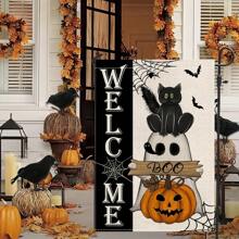 Welcome Halloween Garden Flag (30cm X 45cm/12inch X 18inch) Double Sided Burlap Black Cat Ghost Boo Pumpkin Bat Spider Web Courtyard Flag Suitable For Outdoor Terrace Holiday Outdoor Halloween Decoration