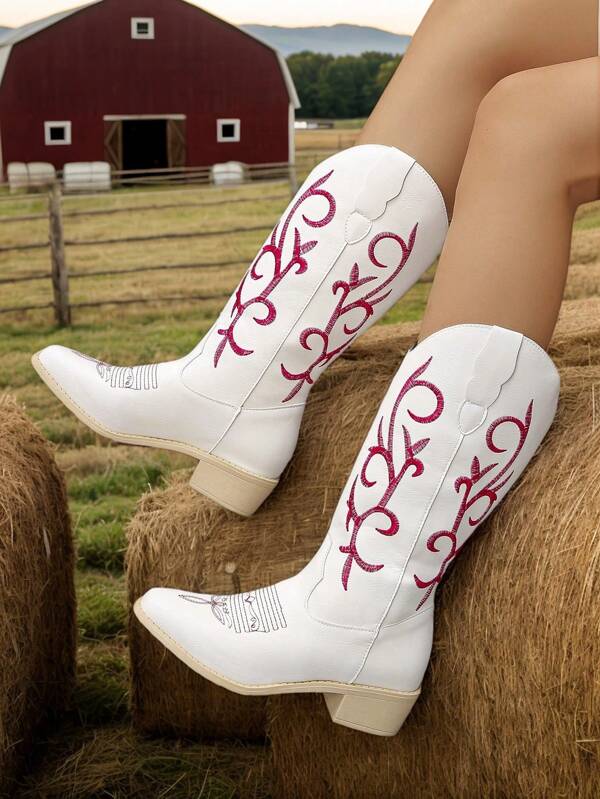 Botas occidentales cómodas de tacón grueso con punta afilada y bordado, de color blanco sólido, de estilo slip-on para mujer