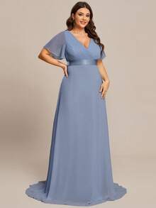 EVERPRETTY Plus Size Elegant V-Neck Ruched Bust Gray-Blue Bridesmaid Dress, Wedding Guest Formal Dress - Dusty Blue - View 5