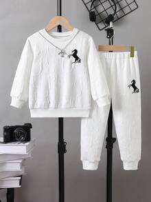 2pcs/Set Casual Letter Embossed Crewneck Knitted Pullover Sweatshirt And Pants Set, Suitable For Daily And Outdoor Wear, For 4-7 Years Old Boys In Autumn/Winter - White - View 1