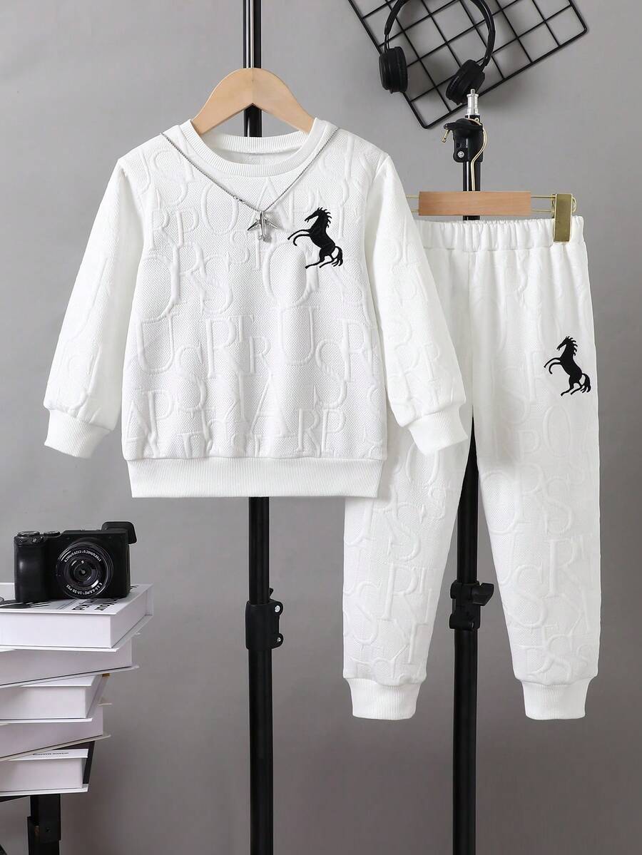 2pcs/Set Casual Letter Embossed Crewneck Knitted Pullover Sweatshirt And Pants Set, Suitable For Daily And Outdoor Wear, For 4-7 Years Old Boys In Autumn/Winter - White - View 1