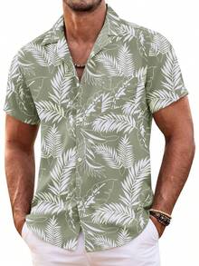 Mens Hawaiian Shirt Short Sleeve Floral Button Down Shirts Tropical Summer Beach Shirts Camp Collar Shirthalloween - 黑色-棕櫚葉 - 查看 4