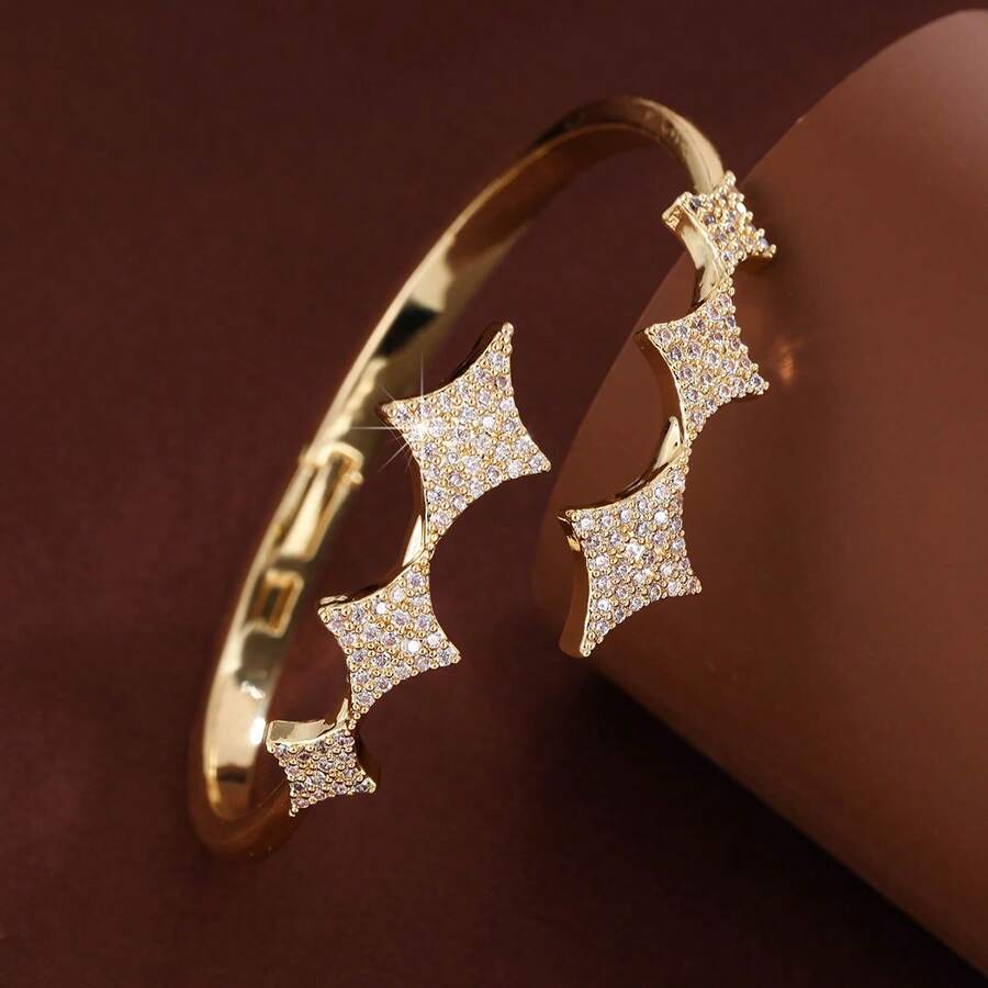 1pc Simple Four-Pointed Star Design Cubic Zirconia Inlaid Bangle Bracelet For Women - Multicolor - View 1
