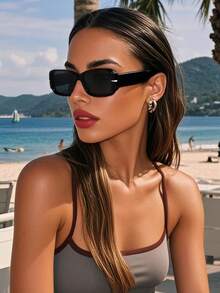 复古矩形塑料太阳镜经典款式，户外旅行海滩度假休闲装饰，防紫外线驾驶太阳镜，男女皆宜 - 黑色 - 查看 1