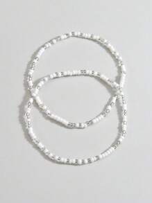 2pcs Bohemian Beach Vacation Style Minimalist Fashion Daily Casual White & Transparent Pearl Beaded Women Layered Anklets