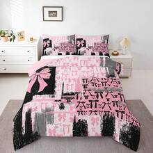 Juego de edredón tamaño king en rosa, gris y negro con lazo, para niños y niñas, conjunto de ropa de cama con diseño de lazos acuarela, 3 piezas - Negro - Ver 1