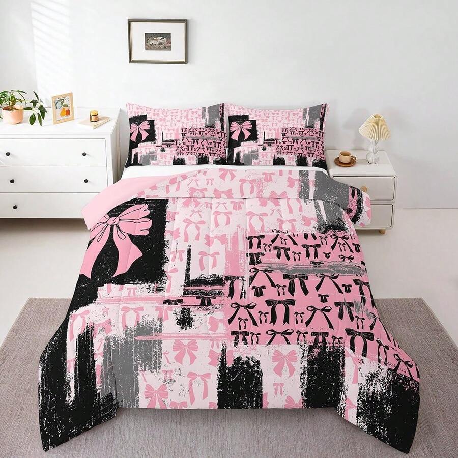 Juego de edredón tamaño king en rosa, gris y negro con lazo, para niños y niñas, conjunto de ropa de cama con diseño de lazos acuarela, 3 piezas - Negro - Ver 1