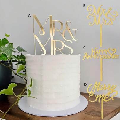 1pc/5pcs Mrs & Mrs Marry Me Gold Acrylic Wedding Party Cake Toppers Happy Anniversary Dessert Decoration Bride Baking Supplies Summer Birthday Gifts Beach Back To School School Supplies Room Decor