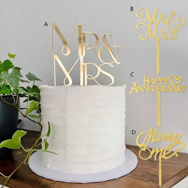 1 pieza/5 piezas Decoración de tarta de boda "Sra. y Sra." de acrílico dorado "Cásate conmigo", decoración de postre para aniversario feliz, suministros para hornear de novia, regalos de cumpleaños de verano, útiles escolares, decoración de habitación