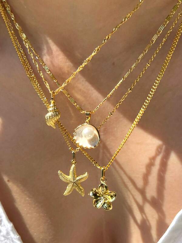 Conjunto de 4 Peças de Colar Pendente Multi-elemento de Metal com Concha, Estrela do Mar e Flor de Pérola, Design Vintage Elegante em Camadas, Adequado para Feriados, Festa, Presente, Uso Diário, Resort de Praia