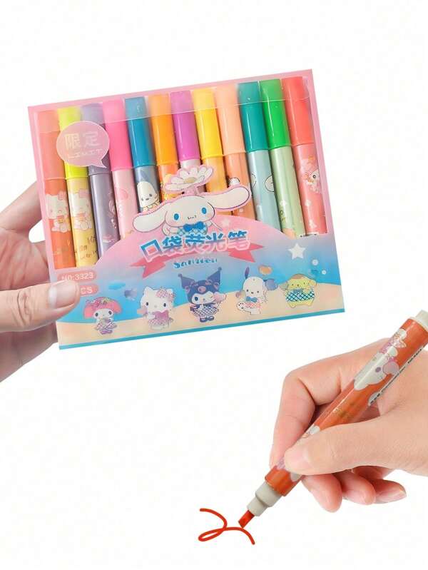 Sanrio 12 Stück/Packung Sanrios Hello Kittys Kuromis Cinnamorolls My Melodys Textmarker Set, niedliche Fluoreszenzmarker mit Katzen-Motiv für Schule und Büro, zum Färben, Unterstreichen und Markieren (einige Teile können zufällig sein)