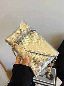Vintage Textured Flap Crossbody Bag - Silver - View 3