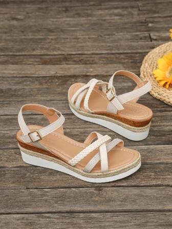 Aijiangluo Women's New Fashion Bright Color Lightweight Versatile Rhinestone Peep Toe Thick Bottom Sandals, Summer Holiday Style Braided Strap Woven Decor Wedge Sandals Suitable For Dates, Shopping, Commuting, Parties, Beach