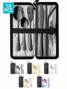 便携式旅行餐具，可重复使用的银器，配有固定餐具盒，包括筷子、吸管、刀、叉、勺子、吸管刷，9 件不锈钢餐具套装，黑色、金色、银色露营野餐餐具套装，学校用品 - - - 查看 1