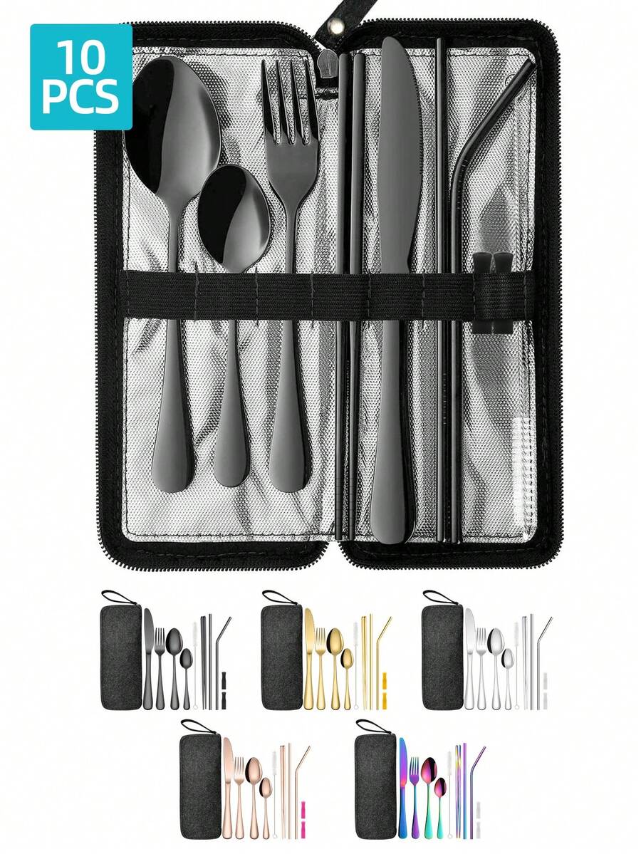 便携式旅行餐具，可重复使用的银器，配有固定餐具盒，包括筷子、吸管、刀、叉、勺子、吸管刷，9 件不锈钢餐具套装，黑色、金色、银色露营野餐餐具套装，学校用品 - - - 查看 1