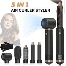 Asciugacapelli a spazzola 5 in 1 nero, set di spazzole ad aria calda rimovibili, set di strumenti per acconciature con ioni negativi, spazzola rotonda per lisciare i capelli con effetto volumizzante, arricciacapelli