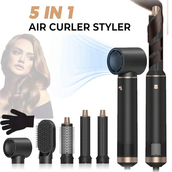 Asciugacapelli a spazzola 5 in 1 nero, set di spazzole ad aria calda rimovibili, set di strumenti per acconciature con ioni negativi, spazzola rotonda per lisciare i capelli con effetto volumizzante, arricciacapelli