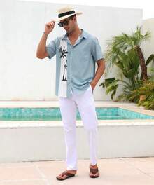 Men's Short Sleeve Button Up Hawaiian Shirt 1950s Vintage Bowling Shirtshalloween - 夏威夷紅黃花 - 查看 2