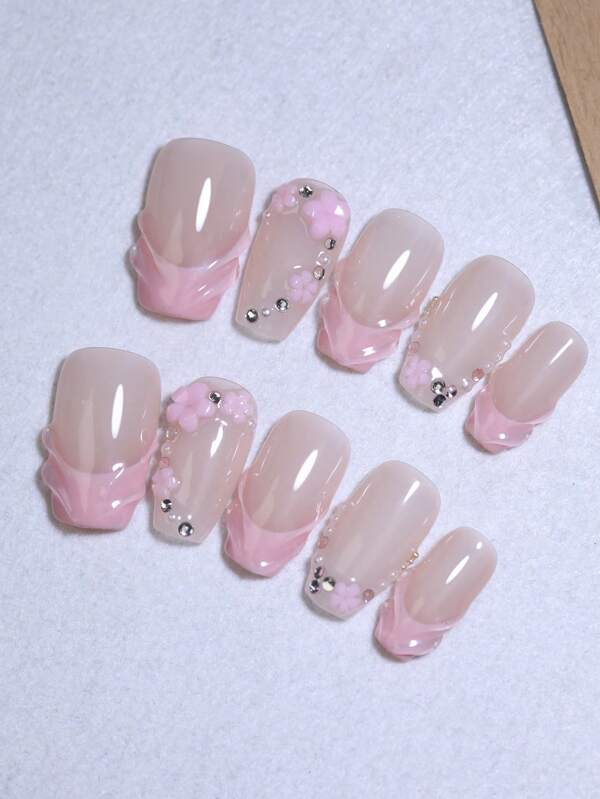 10 peças caixão curto nude rosa cor estilo francês 100% artesanal unhas postiças com flores decoração de unhas manual unhas para o dia a dia beleza de unhas quatro estações uso rápido longa duração reutilizável pontas de unhas postiças