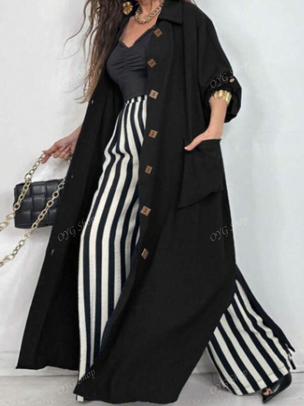 New Style Plus Size Women Multi-Piece Set: Solid Color Lightweight Jacket, Shirt, Long Skirt, Fashion Casual Long Sleeve Open Front Cardigan, Loose Fit Slimming Mid-Length Outerwear