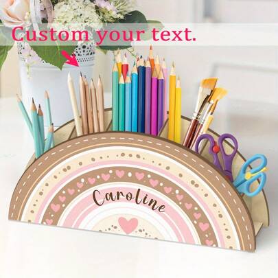 1 Set Customizable Wooden Rainbow Pencil Box With 5 Compartments - Personalized Heart-Shaped Pattern Engraved Design, Desk Organizer For Pens, Pencils, Scissors - Compact Embedded Office & School Supplies, Ideal Gift For Back To School Or Teachers' Day, Pencil Holder For Desk, Essential For Returning To Class, Decorative Storage Design